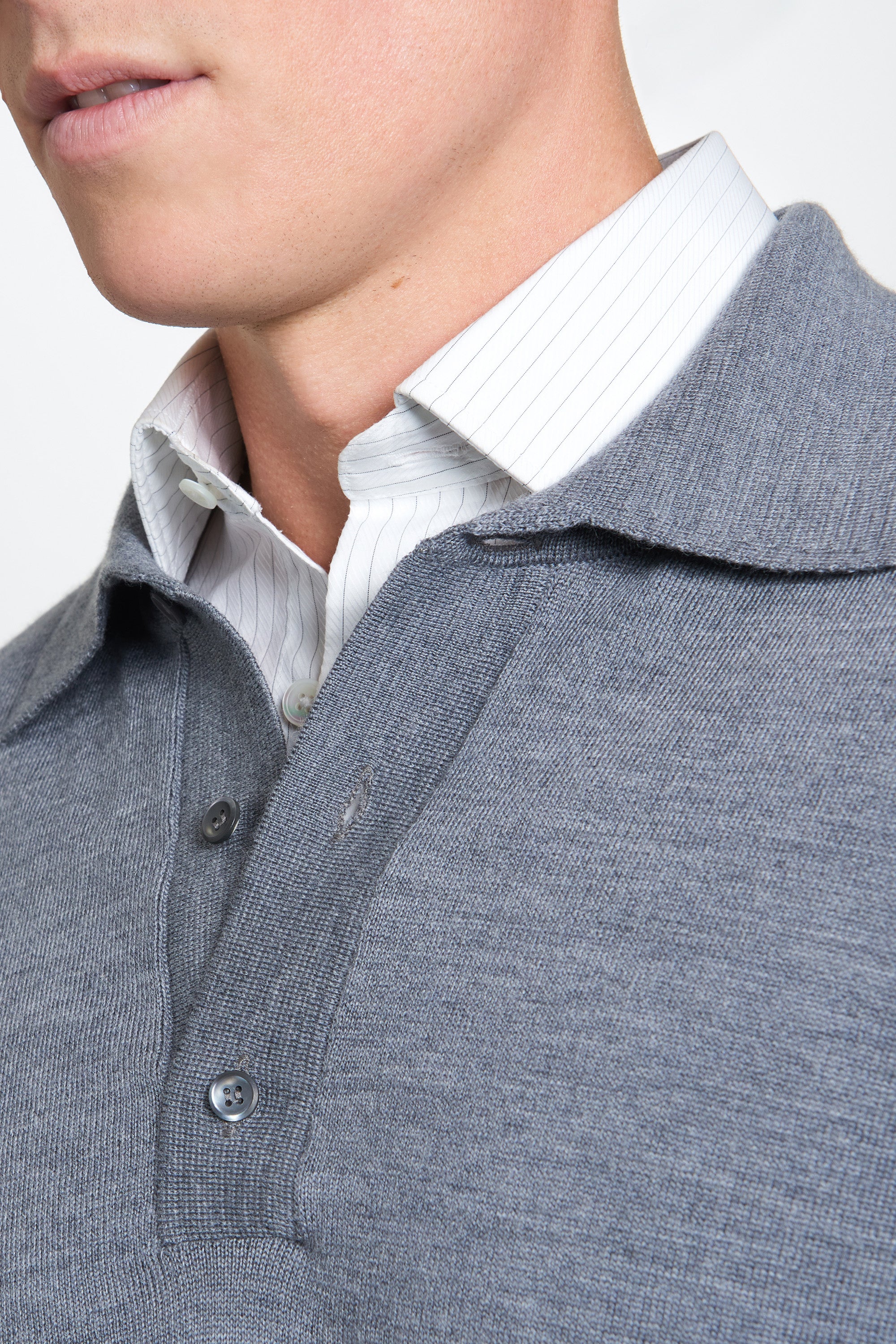 Pale Grey Merino Wool Long Sleeve Polo Shirt