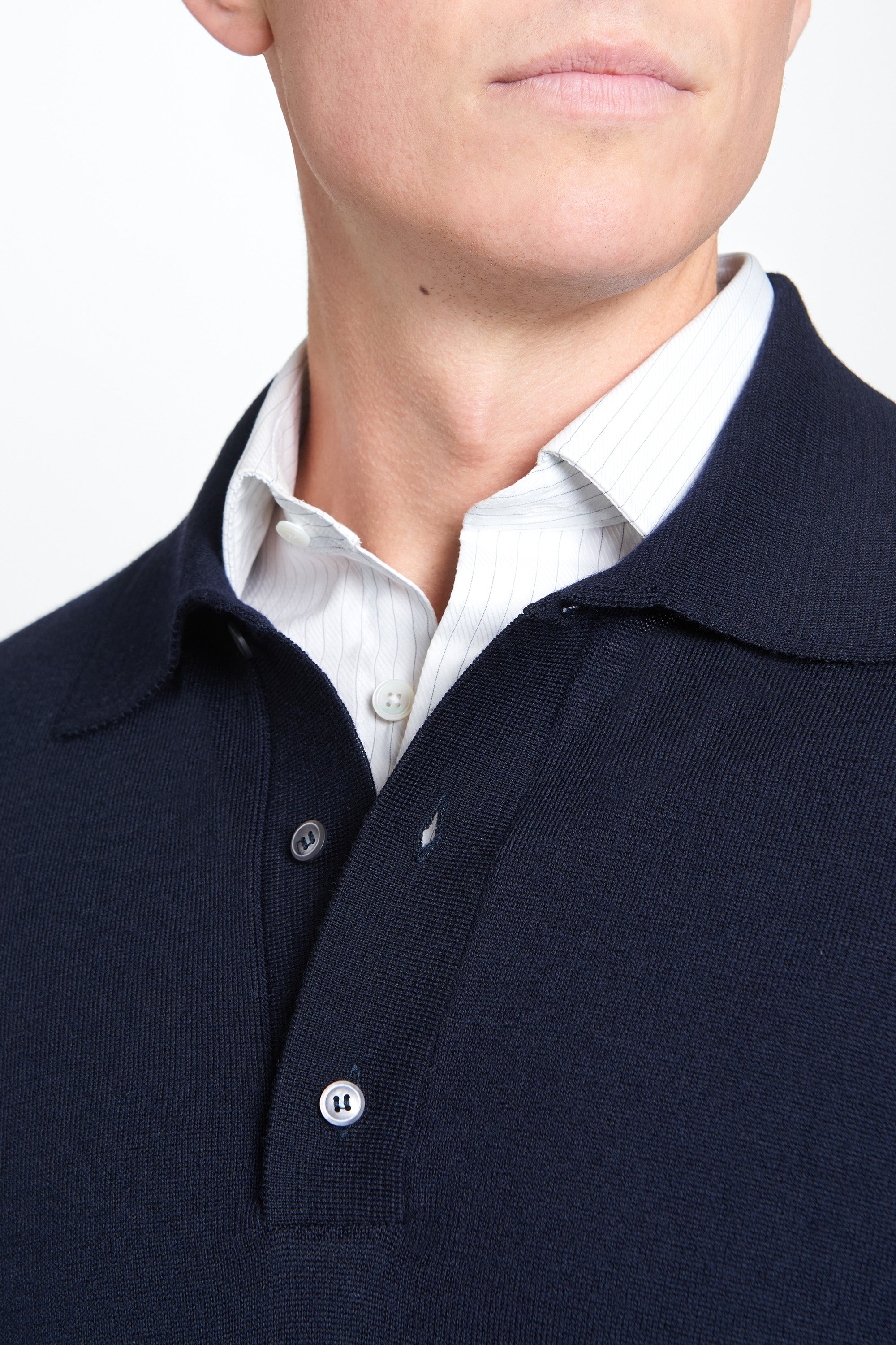 Navy Merino Wool Long Sleeve Polo Shirt