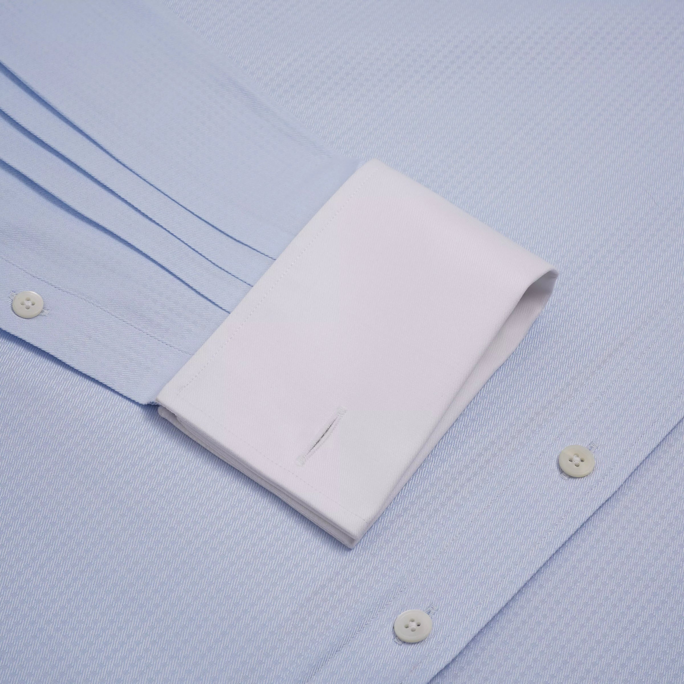 Pale Blue & White Classic Fit Double Cuff Tonal Jaquard Square Formal Shirt